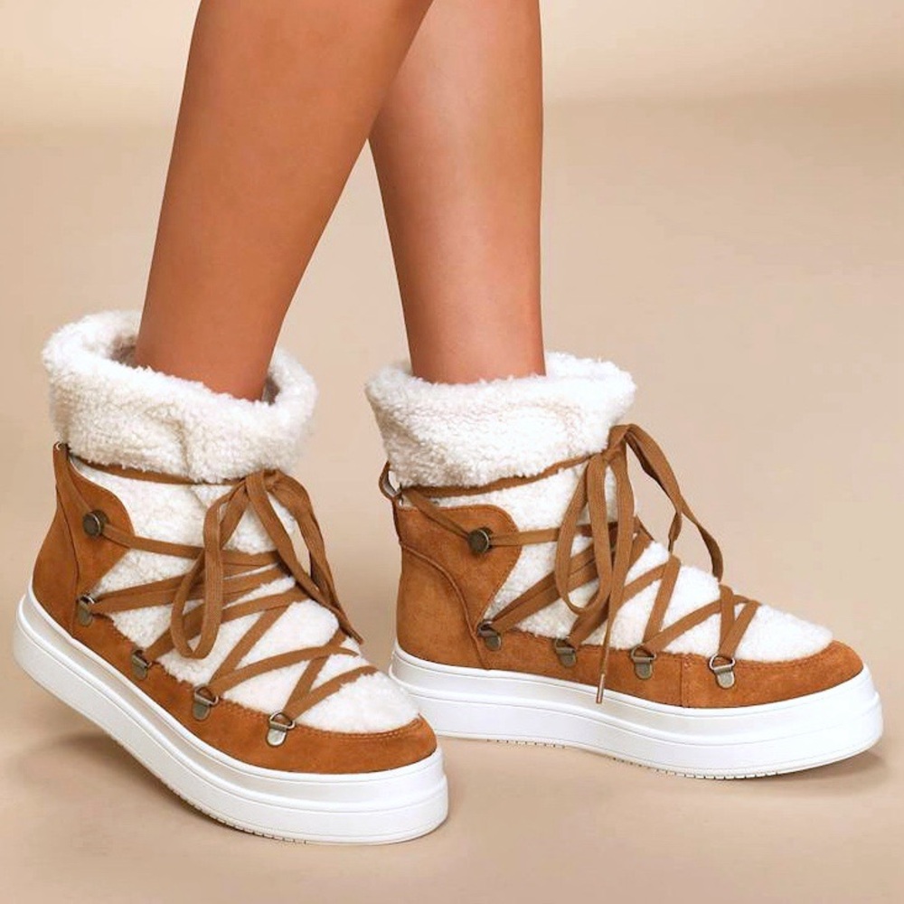 J/Slides Newbie Tan Suede Leather Faux Shearling Platform Booties Boots